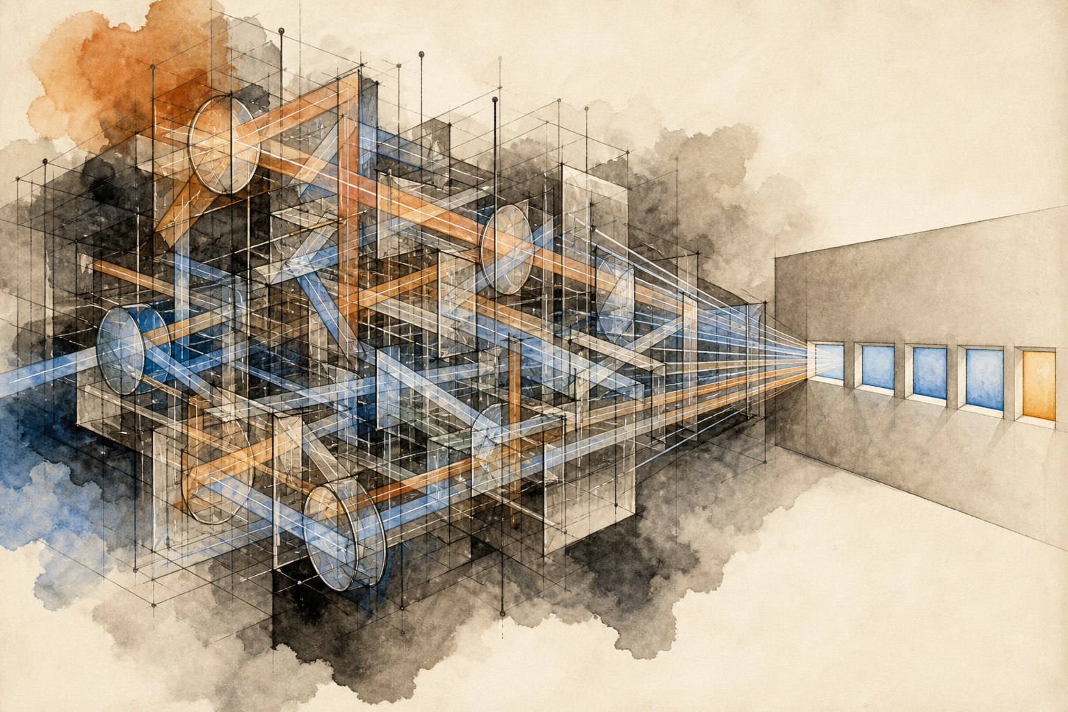 An intricate translucent orange, blue, and black routing structure narrows into five clean illuminated output windows.