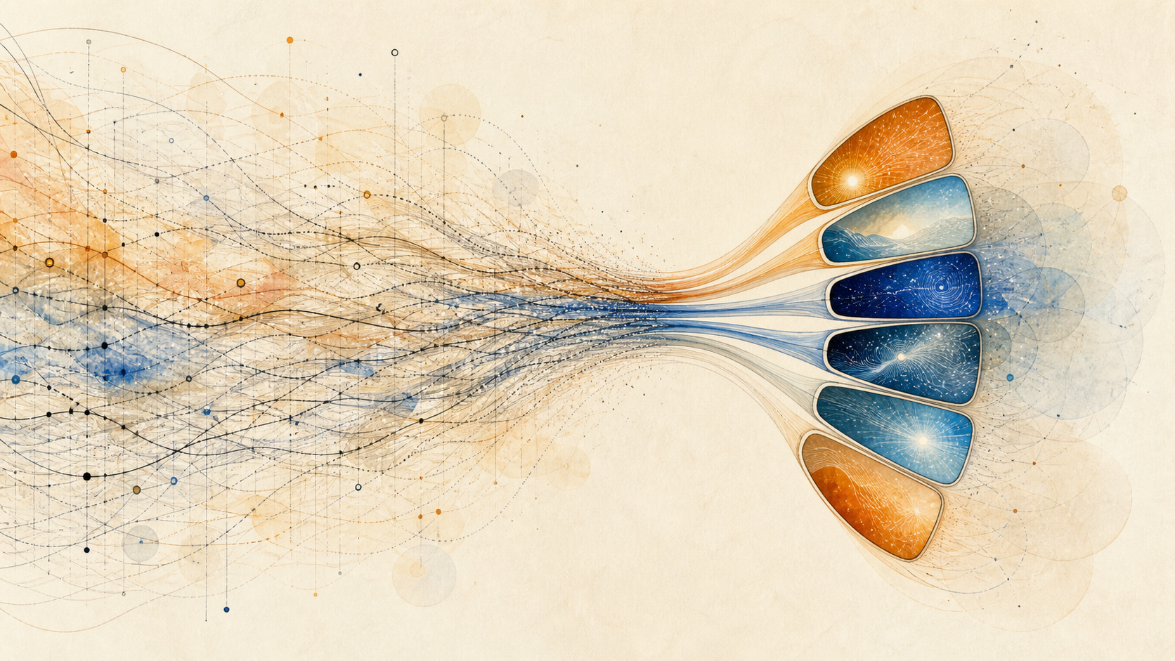 Fine orange, blue, and black paths converge from a broad spectral field into seven luminous detector windows.