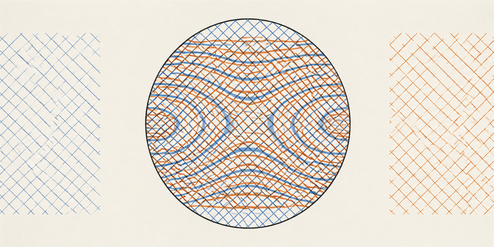 Blue and orange grids remain regular at the sides and form curved bands where they overlap in a central circle.