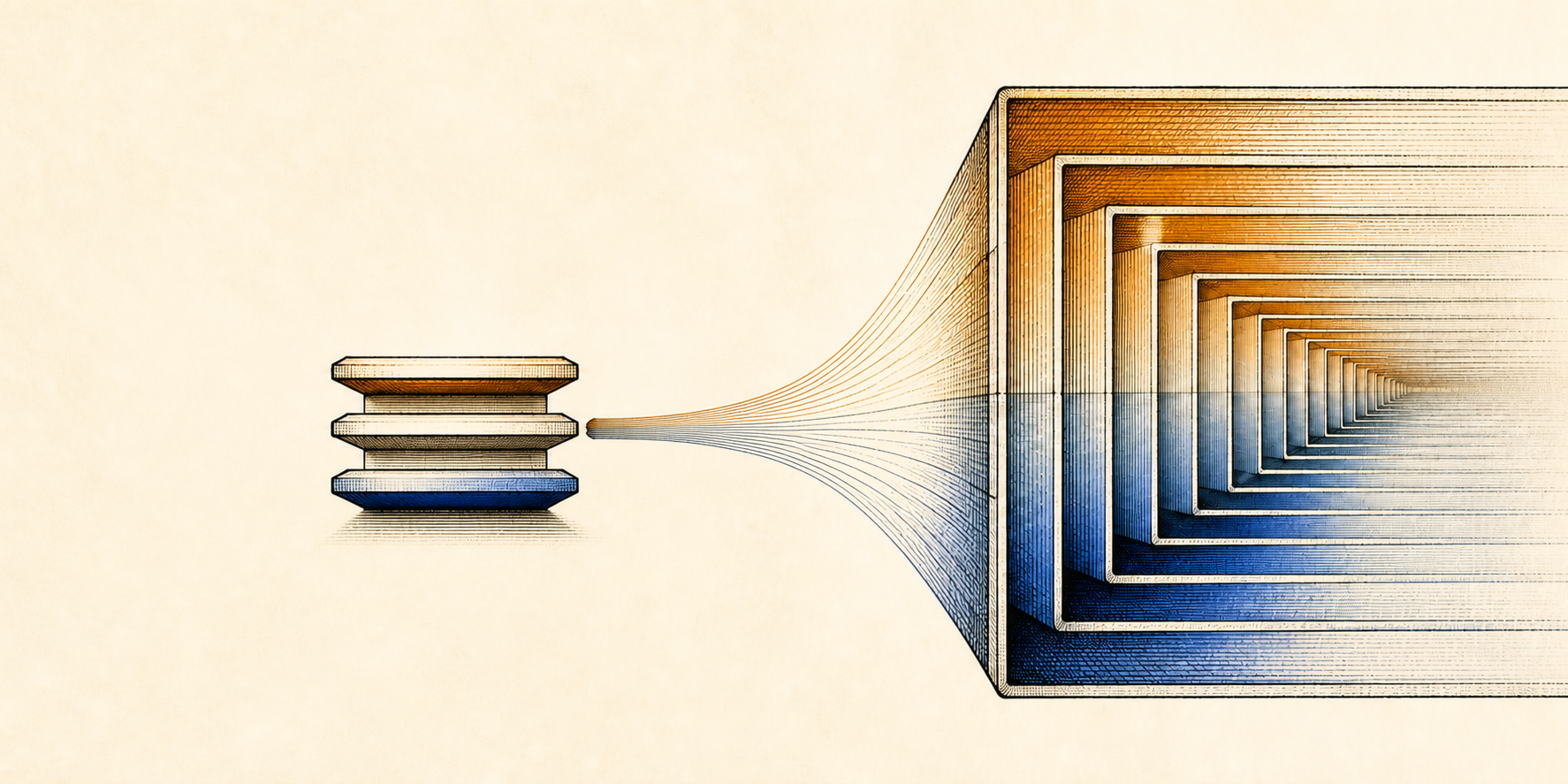 A small three-tier object sends fine blue and amber lines into a huge tunnel of nested chambers.