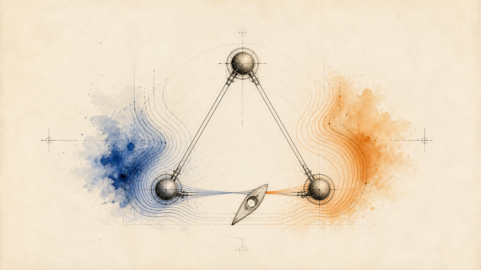 On cream paper, three engraved circular masses form an almost-closed triangle between blue and orange watercolor fields while a shuttle draws the missing lower bond.